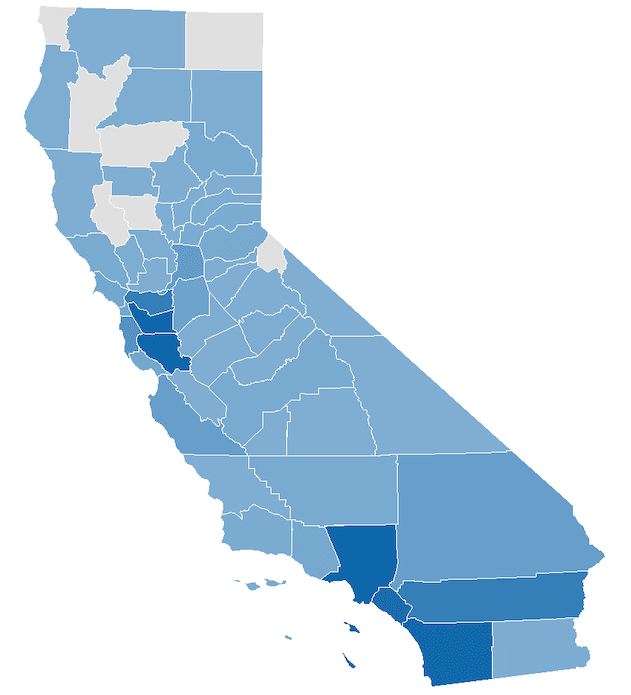 Graphic showing a California state heatmap (counties that have a higher UC Scout course enrollment are darker in color)